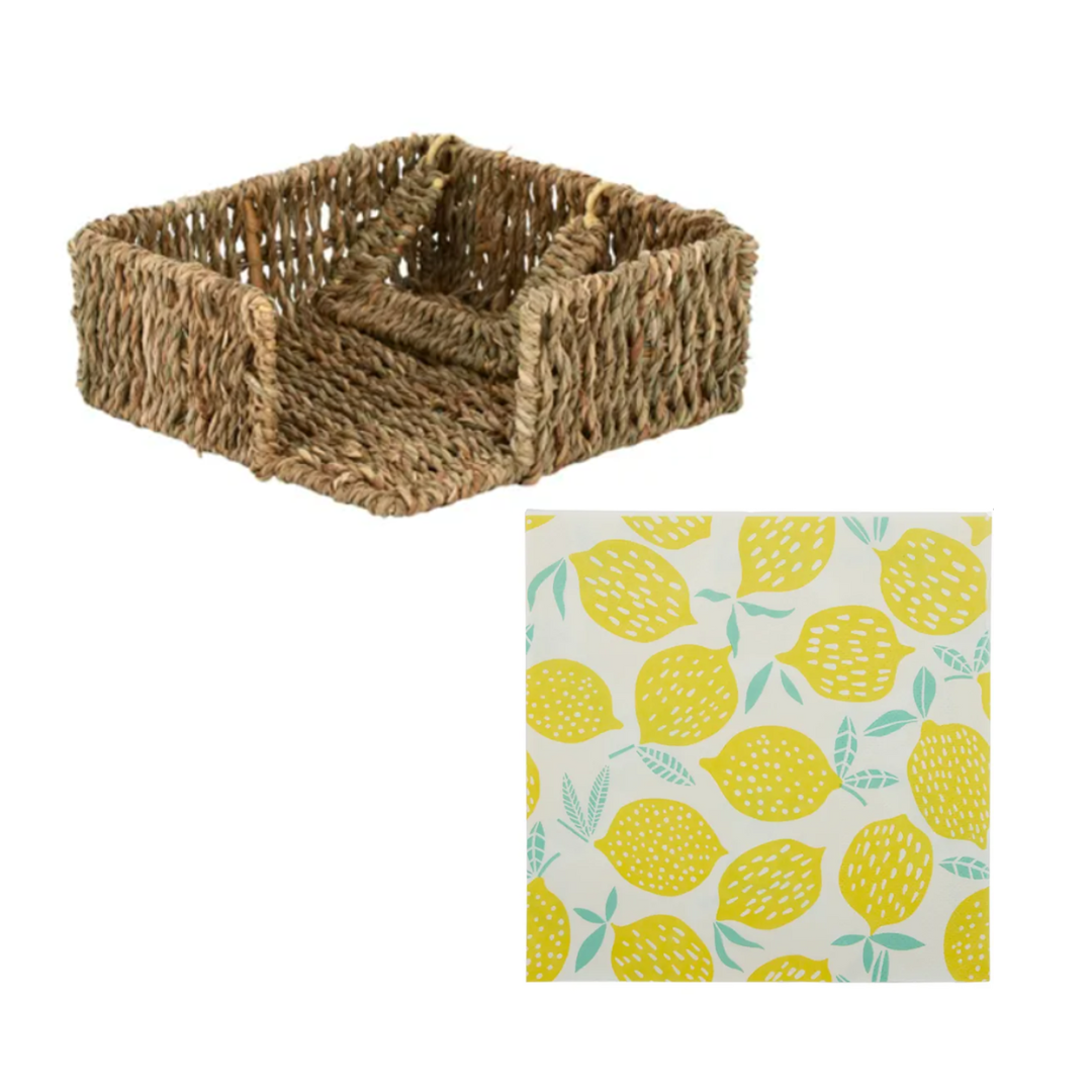 Seagrass Napkin Holder & Lemon Print Napkins